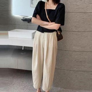 Set: Short Sleeve Square Neck Plain Top + Plain Wide-leg Pants