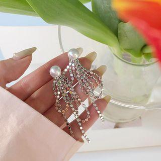 Faux Pearl Chained Fringed Earring 1 Pair - Silver - One Size