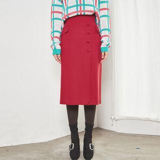 Button-detail Slit-front Midi Skirt