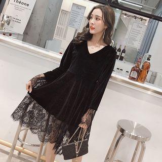 Long-sleeve Lace Panel A-line Velvet Dress