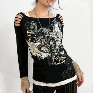 Mock-two Piece Long Sleeve Wings Print Cut-out Top