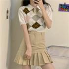 Short-sleeve Argyle Knit Polo Shirt / Mini A-line Skirt