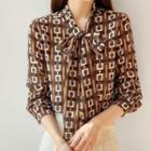 Puff-sleeve Tie-neck Patterned Blouse