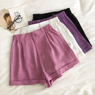 Plain Roll-up High-waist Wide-leg Shorts