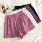 Plain Roll-up High-waist Wide-leg Shorts
