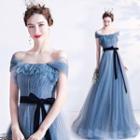 Off Shoulder Glitter Mesh Evening Gown