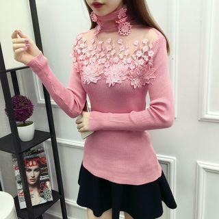 Crochet Mesh Panel Turtleneck Long Sleeve Knit Top