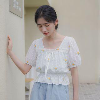 Floral Puff-sleeve Square-neck Top