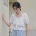 Floral Puff-sleeve Square-neck Top