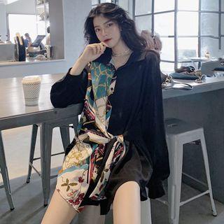 Long-sleeve Patterned Panel Shirt Black - One Size