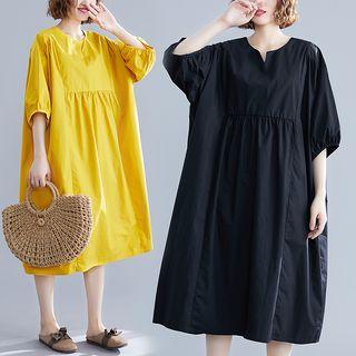 Split-neck Elbow-sleeve Midi Shift Dress