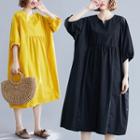 Split-neck Elbow-sleeve Midi Shift Dress