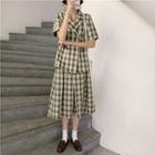 Plaid Double-breasted Short-sleeve Shirt / Pleated Midi A-line Skirt