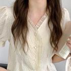 Short-sleeve V-neck Frill Trim Blouse Off-white - One Size