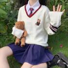 Long-sleeve Shirt / Cartoon Embroidered V-neck Sweater / Pleated Mini A-line Skirt