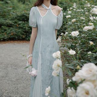 Puff-sleeve Floral Embroidered Midi A-line Dress (various Designs)