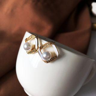 Faux Pearl Rhinestone Glaze Square Earring 1 Pair - Earrings - S925 - Gemetry - One Size