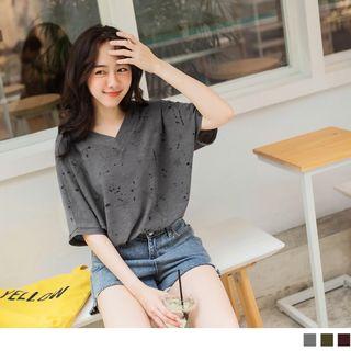 Star-print Short-sleeve V-neck Top