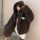 Letter Embroidered Faux Shearling Hooded Jacket