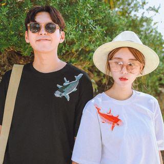 Couple Matching Short-sleeve Fish Embroidery T-shirt