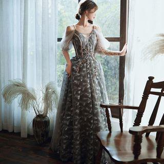 3/4-sleeve Cold-shoulder Embellished A-line Gown