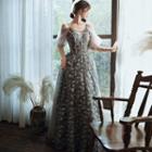3/4-sleeve Cold-shoulder Embellished A-line Gown