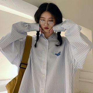Butterfly Embroidered Striped Long-sleeve Shirt White - One Size