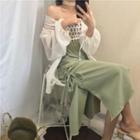 Lace Trim Light Jacket / Dotted Shirred Camisole Top / Drawstring Midi A-line Skirt