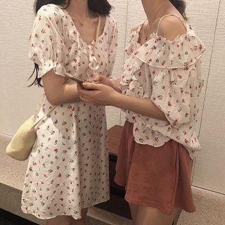 Cold-shoulder Floral Blouse / Short-sleeve Floral Mini A-line Dress