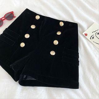 Plain Double-breasted High-waist Velvet Shorts