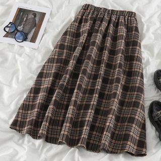 Plaid A-line Midi Skirt Plaid - Black & Beige - One Size