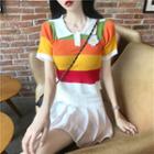 Short-sleeve Color Block Floral Embroidered Polo Shirt