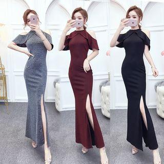 Ruffle Cold Shoulder Mermaid Evening Gown