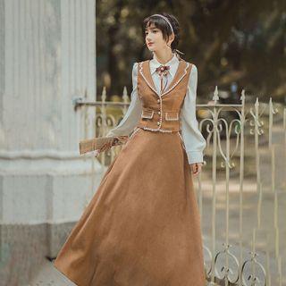 Vest / A-line Maxi Skirt / Shirt / Ribbon / Set