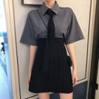 Short-sleeve Shirt With Neck Tie / High-waist A-line Skirt