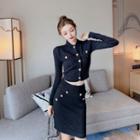 Set: Long-sleeve Buttoned Knit Crop Top + Fitted Skirt Top - Black - One Size / Skirt - Black - One Size