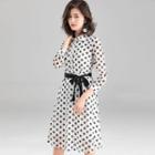 3/4-sleeve Polka Dot Tie-waist A-line Dress