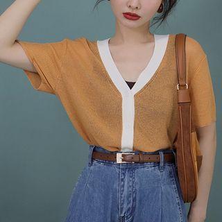 Short-sleeve V-neck Contrast-trim Single-breasted Cardigan