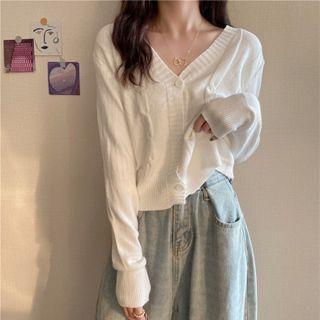 Long-sleeve V-neck Plain Loose Fit Cropped Cardigan