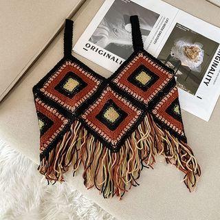 Sleeveless V-neck Pattern Fringed Crop Knit Top