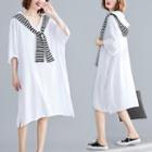Set: Striped Cape + Hooded 3/4-sleeve Midi T-shirt Dress Cape - Stripe - Black & White - One Size / T-shirt Dress - White - One Size