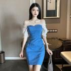 Short-sleeve Eyelet Lace Denim Mini Sheath Dress