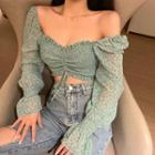 Square-neck Floral Crop Blouse Green - One Size