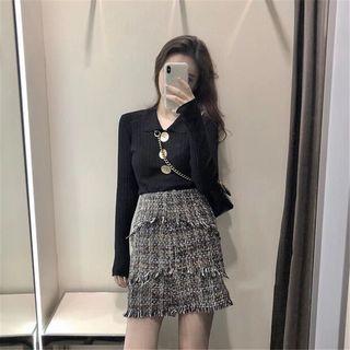 Set: Plain Long-sleeve Polo Shirt + Tweed Fringed Trim Mini Straight-fit Skirt