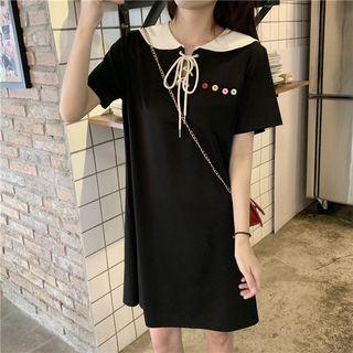 Short-sleeve Lace-up Collared Dress Black - One Size