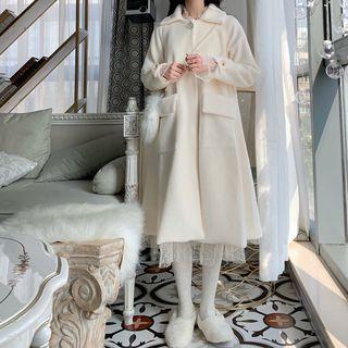 Plain Woolen Coat / Long Sleeve Lace Dress + Spaghetti-strap Slipdress