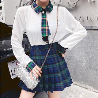 Set: Long-sleeve Shirt + Tie + Mini Pleated Skirt