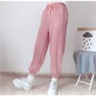 Long-sleeve Rose Embroidered T-shirt / Drawstring Waist Pants Set Of 2 - Pink - One Size