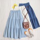 Tiered A-line Denim Midi Skirt