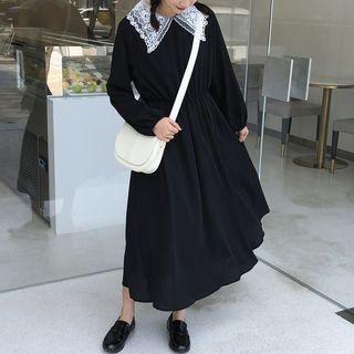 Long-sleeve Lace Collar Midi A-line Dress Black - One Size